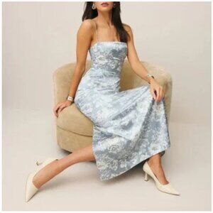Reformation Frankie Silk Dress in Porcelain Blue & White - Size 6